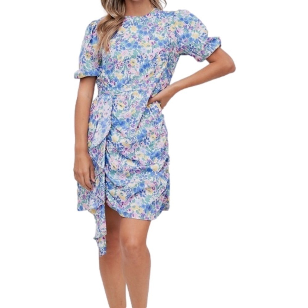 En Saison Ruched Floral Mini Day cotton ruffled dress Feminine Asymmetrical